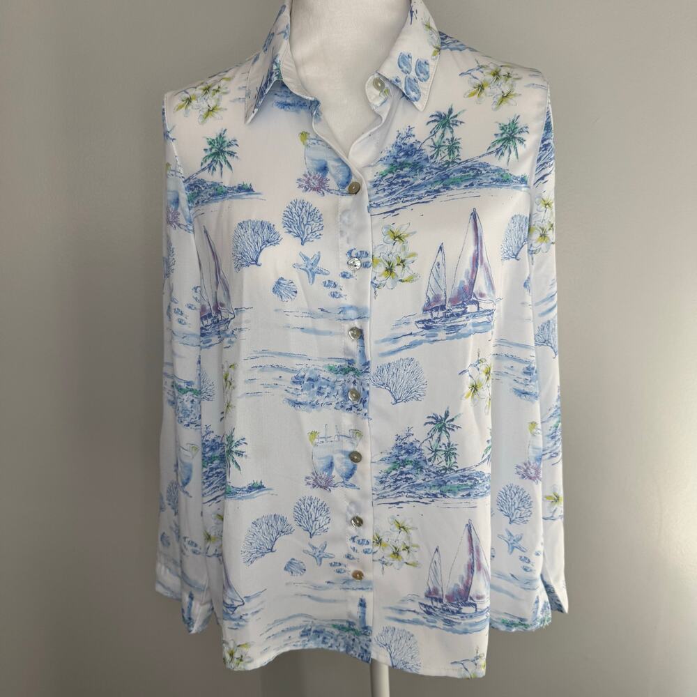 Multiples Petite Medium PM Hawaiian island shirt sailboat beach lightweight